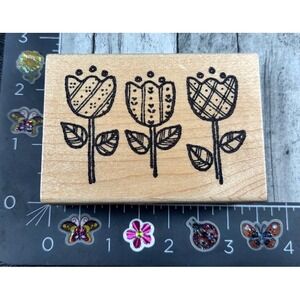 Azadi Earles Row Tulips Flowers Plaid Country G304 Rubber Stamp Wood #S70